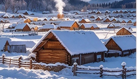 禾木雪村原木木屋与雪山