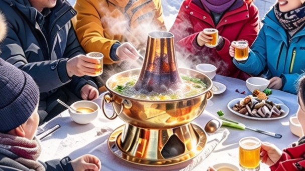 雪地中围炉品尝热气腾腾的土火锅